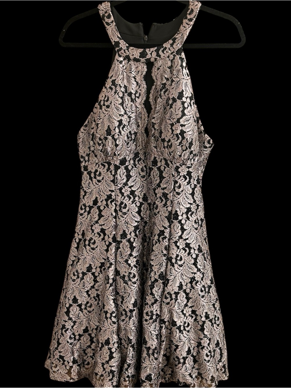 Halter Neck Lace Mini Dress in Black and Light Pink